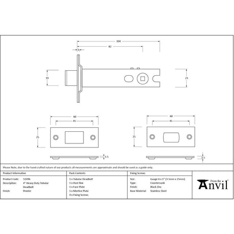 From The Anvil - Pewter 4" Heavy Duty Tubular Deadbolt | Sku. 51496 | Trade Door Handles.