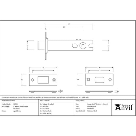 From The Anvil - Aged Brass 4" Heavy Duty Tubular Deadbolt | Sku. 51498 | Trade Door Handles.