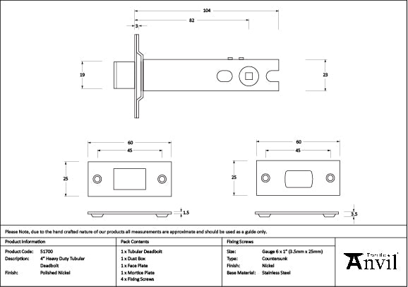 From The Anvil - Polished Nickel 4" Heavy Duty Tubular Deadbolt