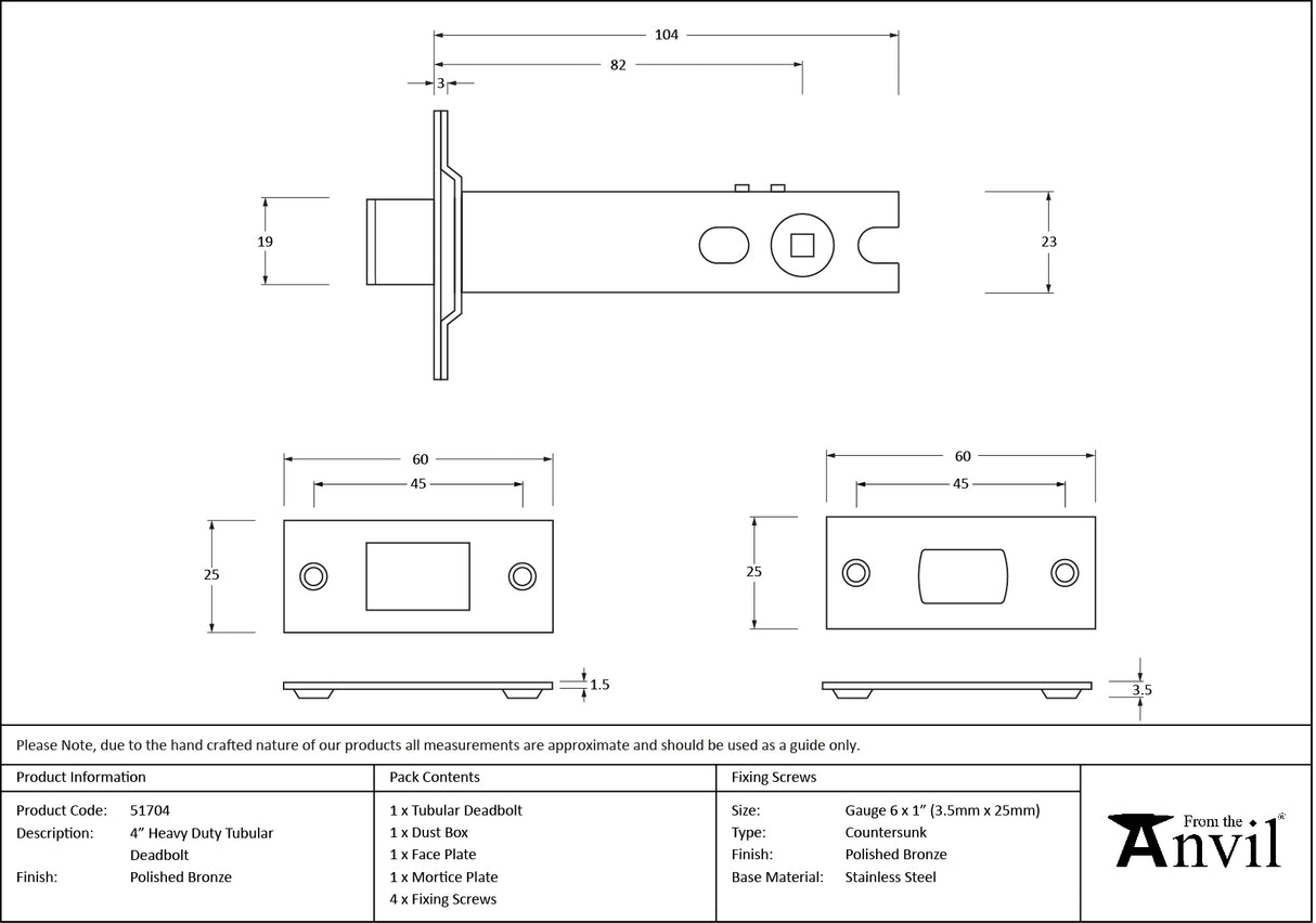 From The Anvil - Polished Bronze 4" Heavy Duty Tubular Deadbolt | Sku. 51704 | Trade Door Handles.