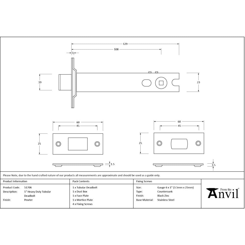From The Anvil - Pewter 5" Heavy Duty Tubular Deadbolt | Sku. 51706 | Trade Door Handles.
