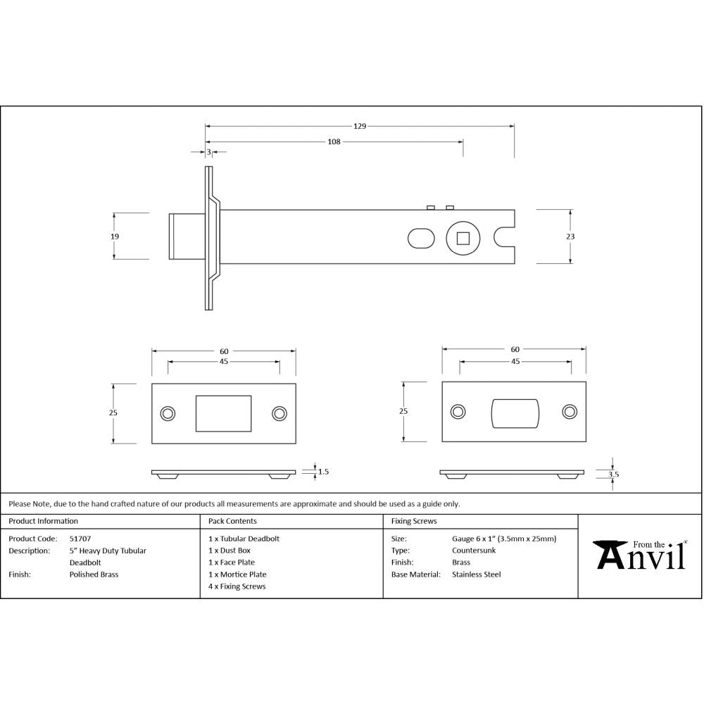 From The Anvil - Polished Brass 5" Heavy Duty Tubular Deadbolt | Sku. 51707 | Trade Door Handles.