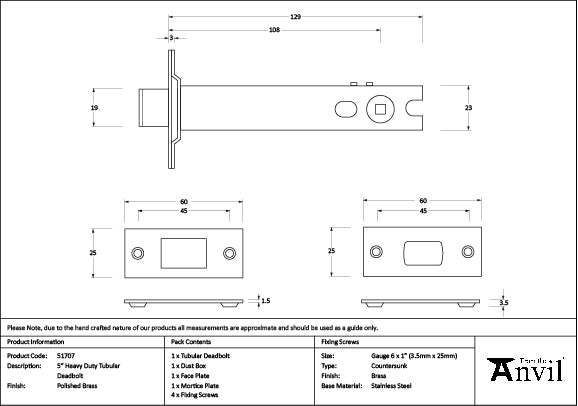 From The Anvil - Polished Brass 5" Heavy Duty Tubular Deadbolt