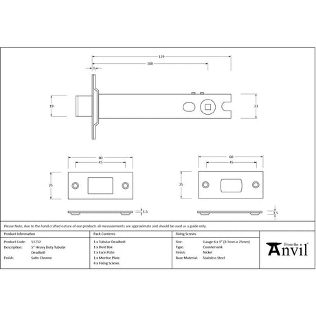 From The Anvil - Satin Chrome 5" Heavy Duty Tubular Deadbolt | Sku. 51712 | Trade Door Handles.