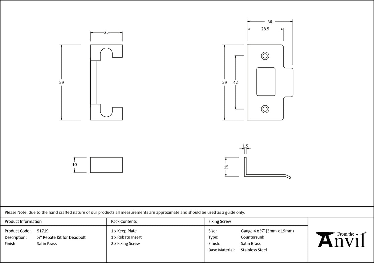 From The Anvil - Satin Brass Rebate Kit for Deadbolt | Sku. 51719 | Trade Door Handles.