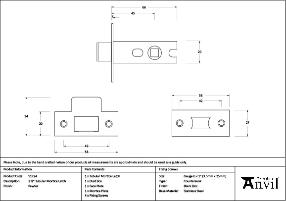 From The Anvil - Pewter 2½" Tubular Mortice Latch