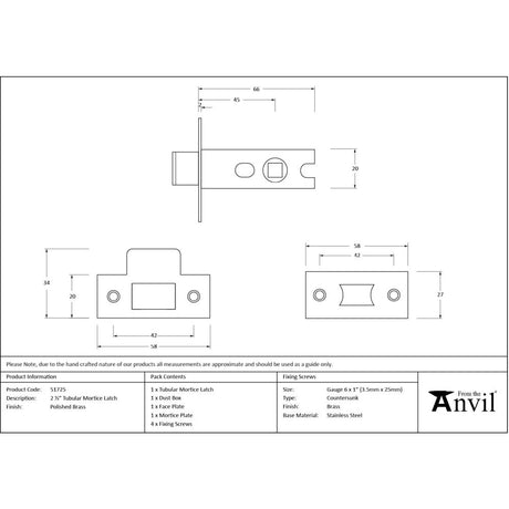 From The Anvil - Polished Brass 2 Tubular Mortice Latch | Sku. 51725 | Trade Door Handles.