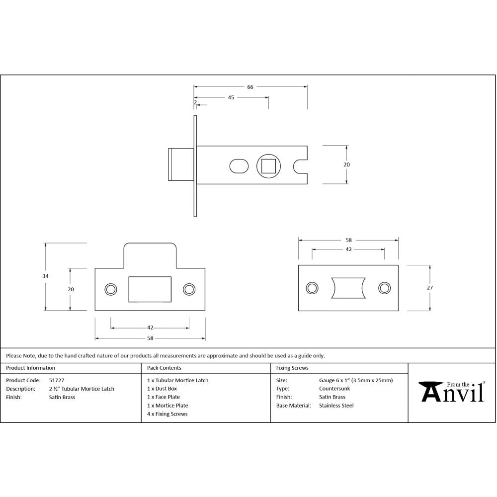 From The Anvil - Satin Brass 2 Tubular Mortice Latch | Sku. 51727 | Trade Door Handles.