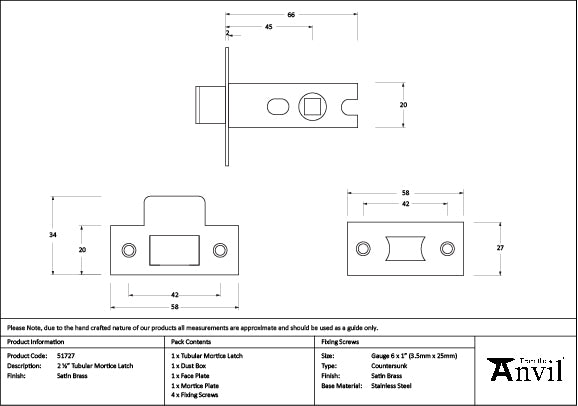 From The Anvil - Satin Brass 2½" Tubular Mortice Latch