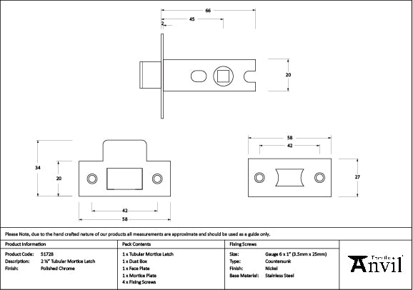 From The Anvil - Polished Chrome 2Â½" Tubular Mortice Latch