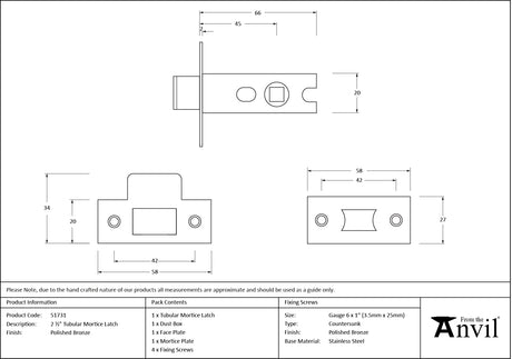 From The Anvil - Polished Bronze 2 Tubular Mortice Latch | Sku. 51731 | Trade Door Handles.