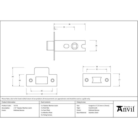 From The Anvil - Polished Bronze 2 Tubular Mortice Latch | Sku. 51731 | Trade Door Handles.