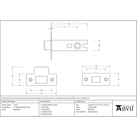 From The Anvil - Aged Brass 3" Tubular Mortice Latch | Sku. 51734 | Trade Door Handles.