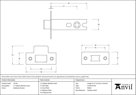 From The Anvil - Polished Chrome 3" Tubular Mortice Latch | Sku. 51736 | Trade Door Handles.