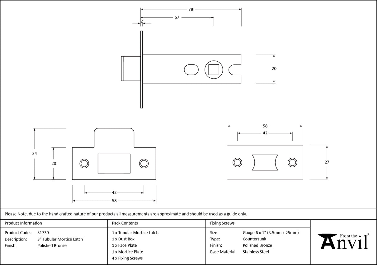 From The Anvil - Polished Bronze 3" Tubular Mortice Latch | Sku. 51739 | Trade Door Handles.