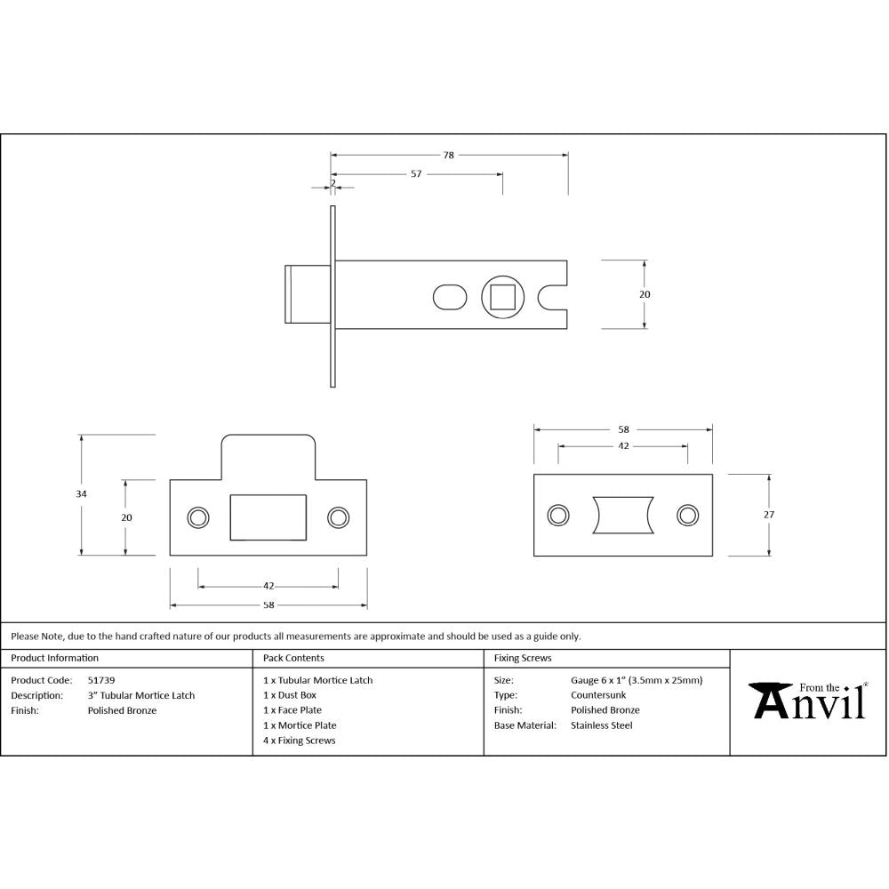 From The Anvil - Polished Bronze 3" Tubular Mortice Latch | Sku. 51739 | Trade Door Handles.