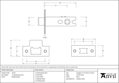From The Anvil - Polished Brass 3" Heavy Duty Latch | Sku. 51741 | Trade Door Handles.
