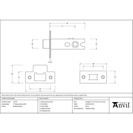 From The Anvil - Polished Brass 3" Heavy Duty Latch | Sku. 51741 | Trade Door Handles.