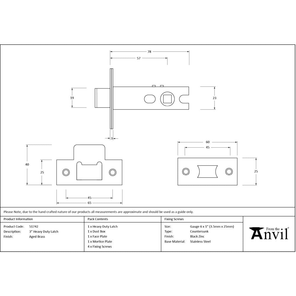 From The Anvil - Aged Brass 3" Heavy Duty Latch | Sku. 51742 | Trade Door Handles.