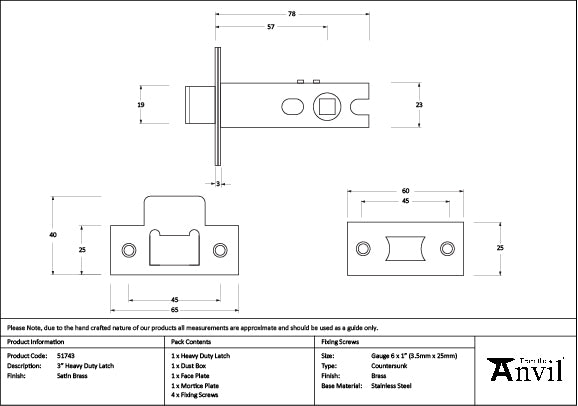 From The Anvil - Satin Brass 3" Heavy Duty Latch