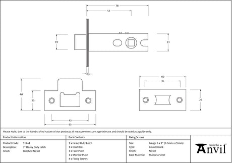 From The Anvil - Polished Nickel 3" Heavy Duty Latch | Sku. 51744 | Trade Door Handles.
