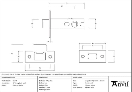 From The Anvil - Polished Bronze 3" Heavy Duty Latch | Sku. 51748 | Trade Door Handles.