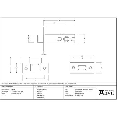 From The Anvil - Polished Bronze 3" Heavy Duty Latch | Sku. 51748 | Trade Door Handles.