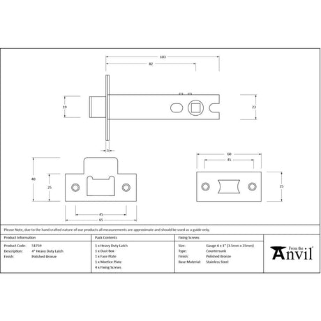 From The Anvil - Polished Bronze 4" Heavy Duty Latch | Sku. 51759 | Trade Door Handles.