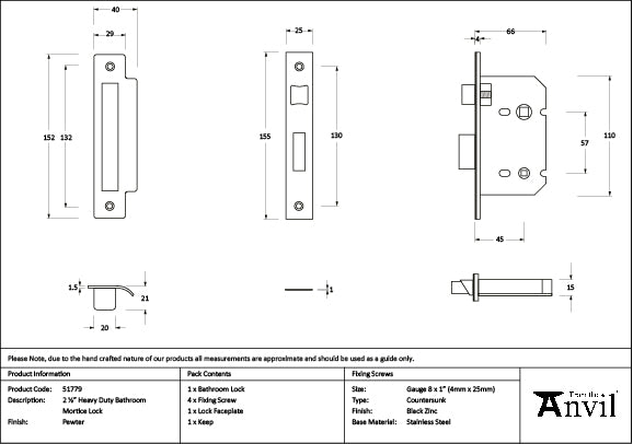 From The Anvil - Pewter 2Â½" Heavy Duty Bathroom Mortice Lock