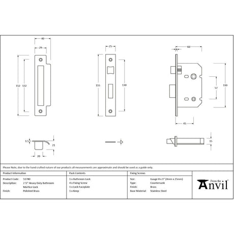 From The Anvil - Polished Brass 2.5" Heavy Duty Bathroom Mortice Lock | Sku. 51780 | Trade Door Handles.