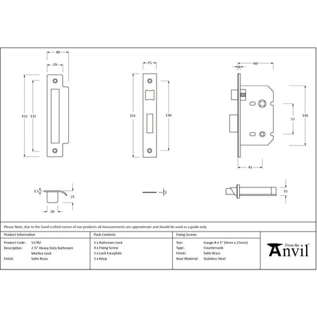 From The Anvil - Satin Brass 2.5" Heavy Duty Bathroom Mortice Lock | Sku. 51782 | Trade Door Handles.