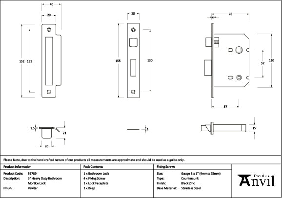 From The Anvil - Pewter 3" Heavy Duty Bathroom Mortice Lock