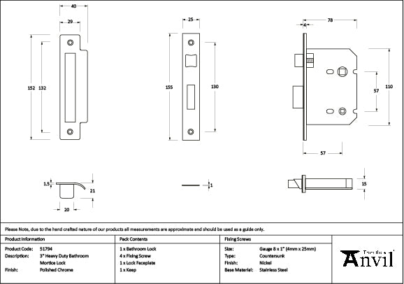 From The Anvil - Polished Chrome 3" Heavy Duty Bathroom Mortice Lock