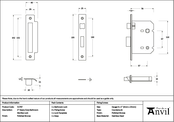 From The Anvil - Polished Bronze 3" Heavy Duty Bathroom Mortice Lock