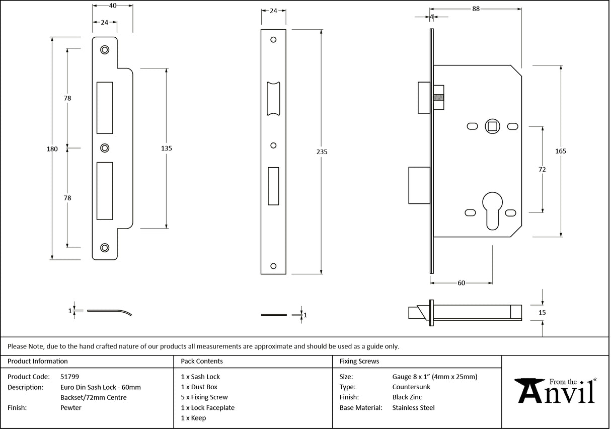 From The Anvil - Pewter Euro Din Sash Lock - 60mm Backset/72mm Centre | Sku. 51799 | Trade Door Handles.