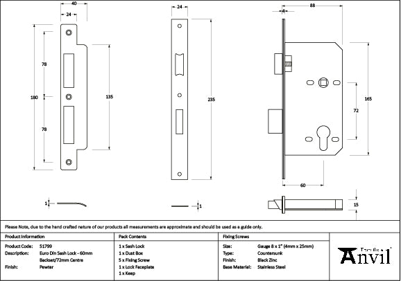 From The Anvil - Pewter Euro Din Sash Lock - 60mm Backset/72mm Centre