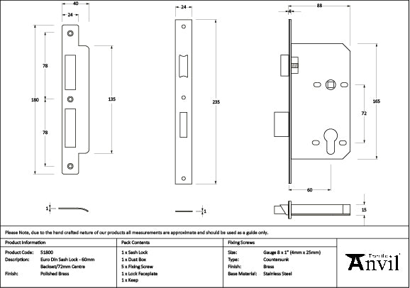 From The Anvil - Polished Brass Euro Din Sash Lock - 60mm Backset/72mm Centre