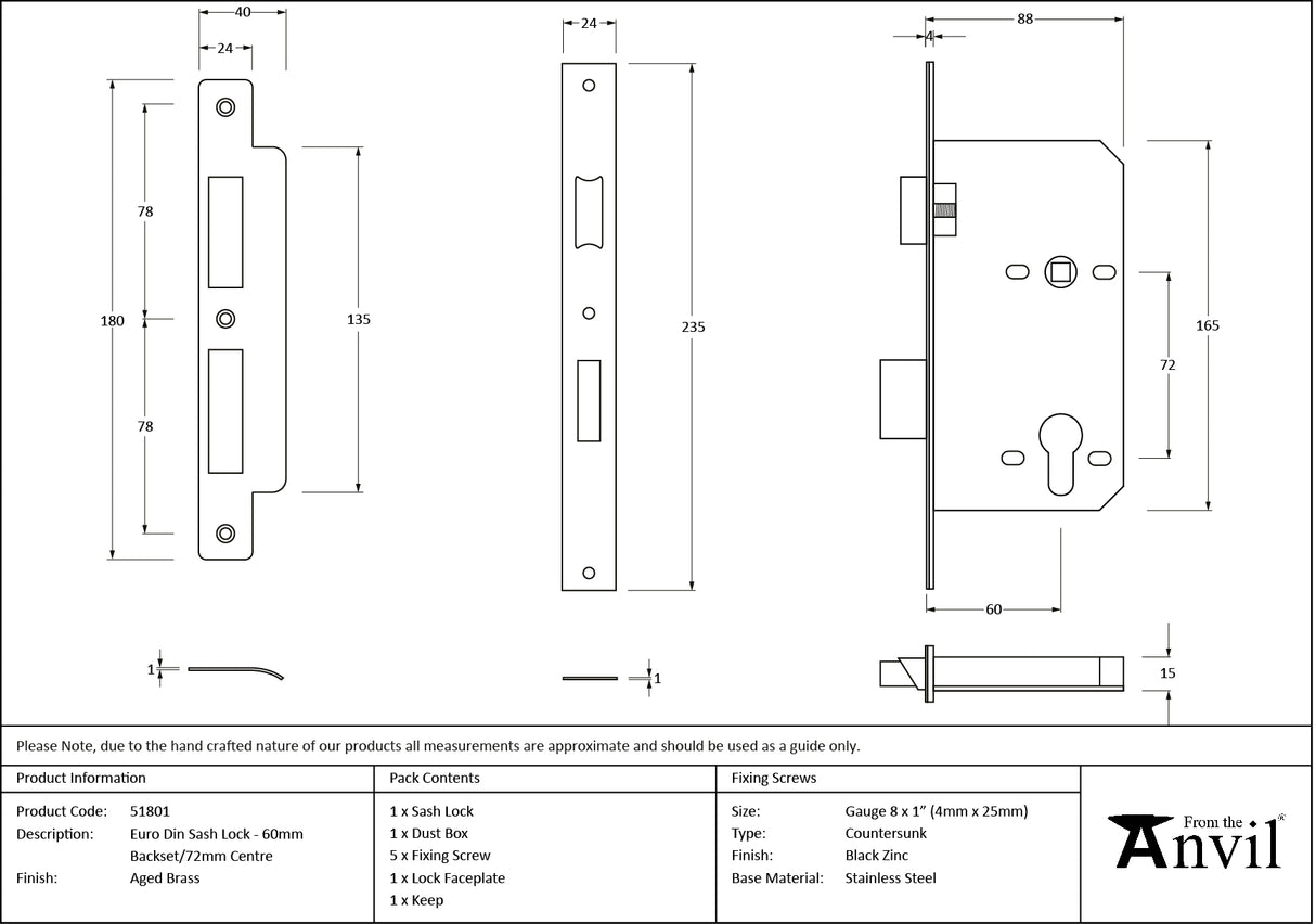 From The Anvil - Aged Brass Euro Din Sash Lock - 60mm Backset/72mm Centre | Sku. 51801 | Trade Door Handles.