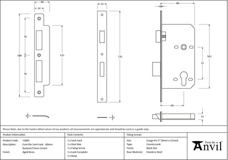 From The Anvil - Aged Brass Euro Din Sash Lock - 60mm Backset/72mm Centre | Sku. 51801 | Trade Door Handles.