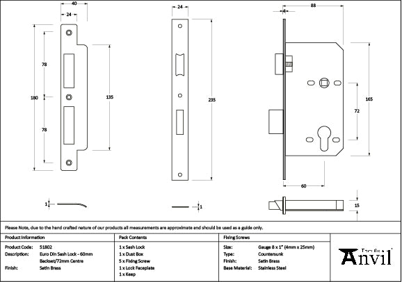 From The Anvil - Satin Brass Euro Din Sash Lock - 60mm Backset/72mm Centre