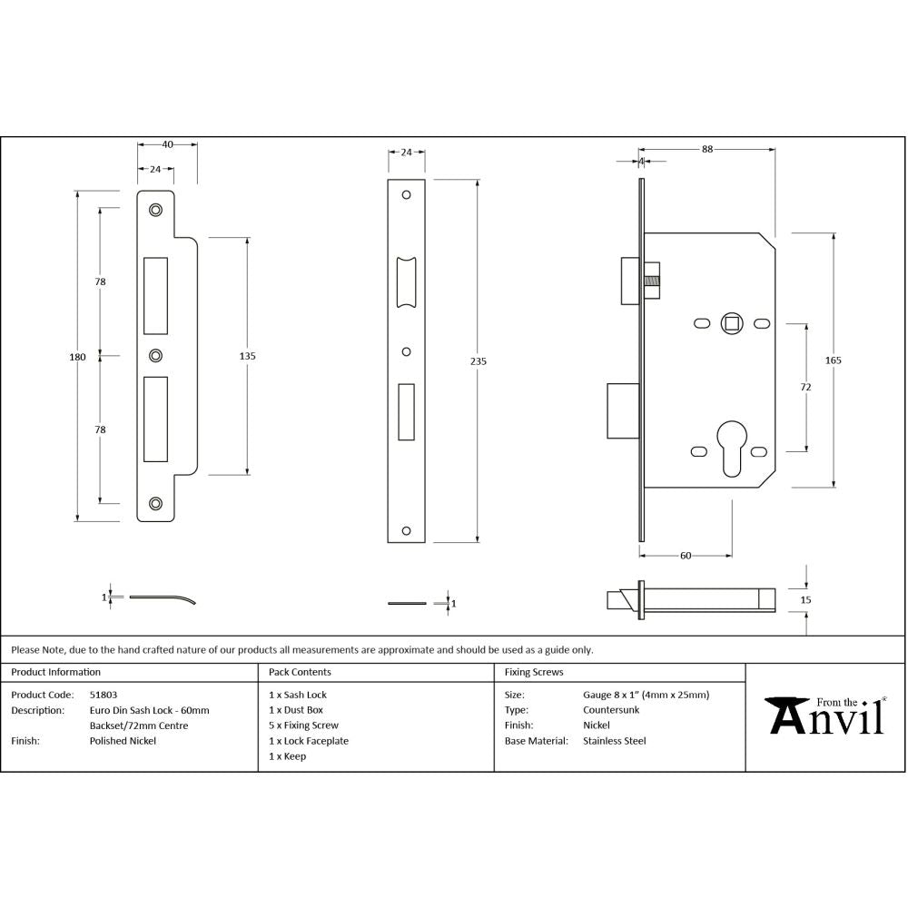 From The Anvil - Polished Nickel Euro Din Sash Lock - 60mm Backset/72mm Centre | Sku. 51803 | Trade Door Handles.