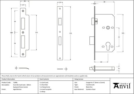 From The Anvil - Aged Bronze Euro Din Sash Lock - 60mm Backset/72mm Centre | Sku. 51806 | Trade Door Handles.