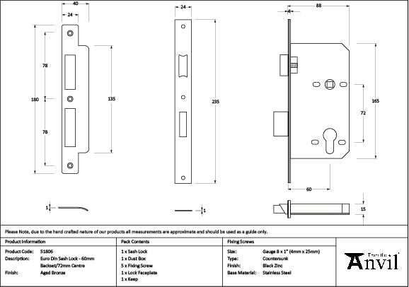 From The Anvil - Aged Bronze Euro Din Sash Lock - 60mm Backset/72mm Centre