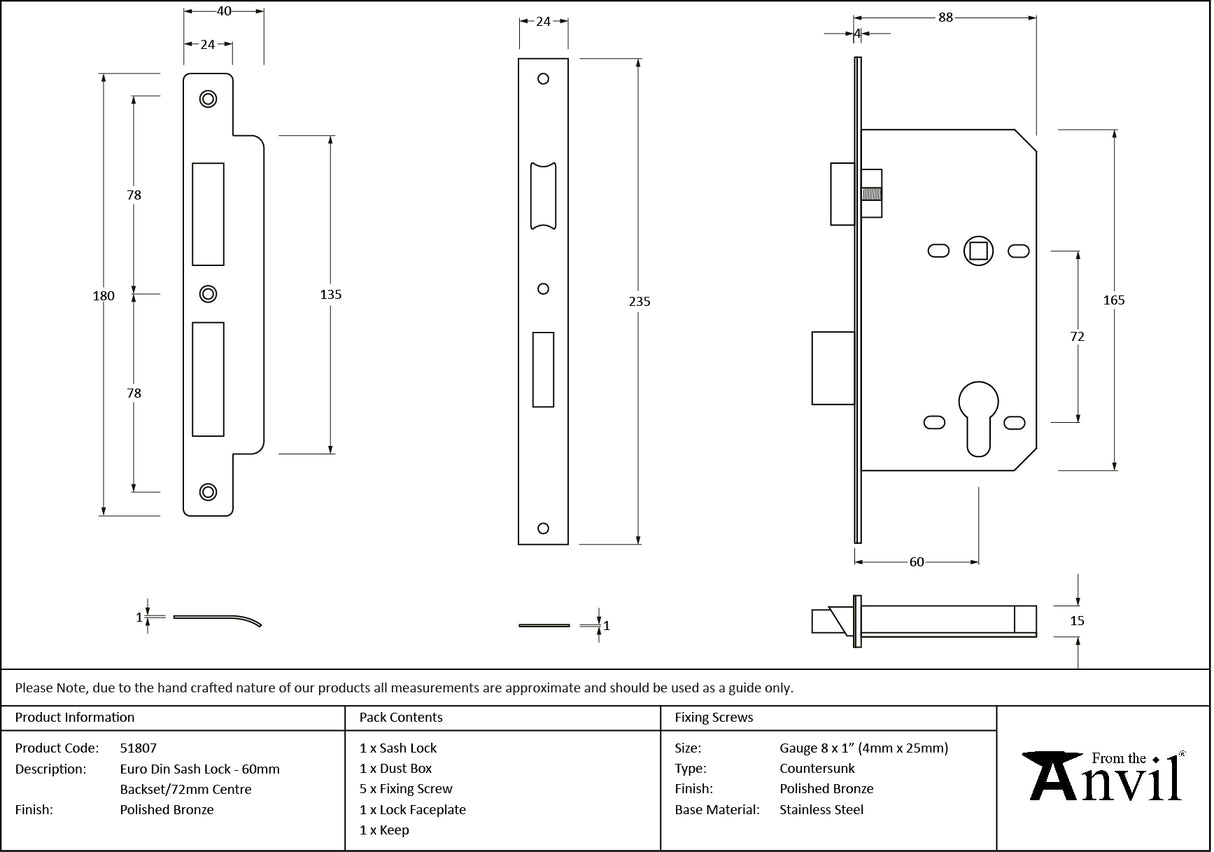 From The Anvil - Polished Bronze Euro Din Sash Lock - 60mm Backset/72mm Centre | Sku. 51807 | Trade Door Handles.