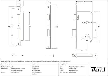 From The Anvil - Polished Bronze Euro Din Sash Lock - 60mm Backset/72mm Centre | Sku. 51807 | Trade Door Handles.