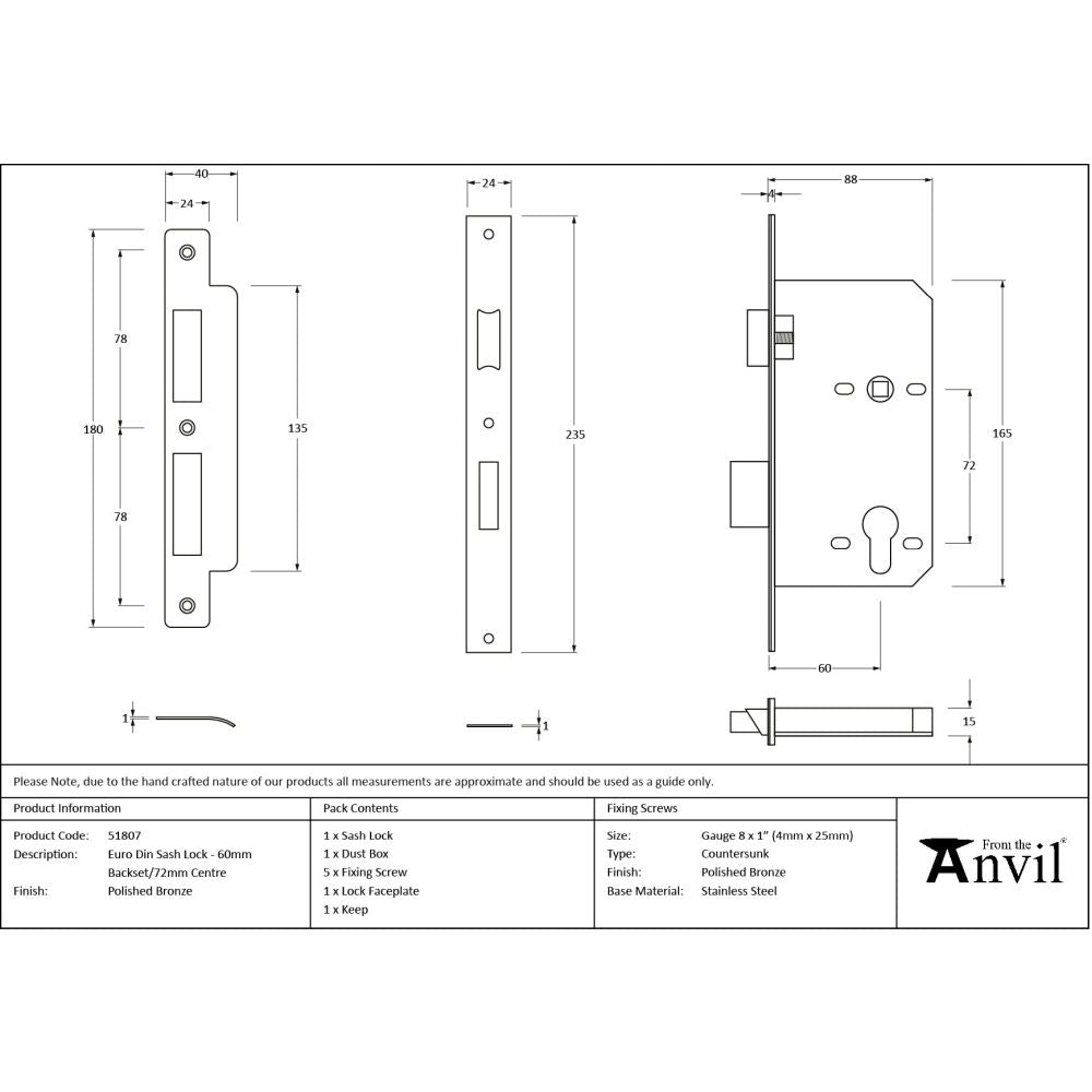 From The Anvil - Polished Bronze Euro Din Sash Lock - 60mm Backset/72mm Centre | Sku. 51807 | Trade Door Handles.