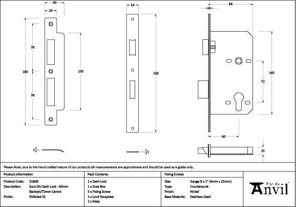 From The Anvil - Polished SS Euro Din Sash Lock - 60mm Backset/72mm Centre