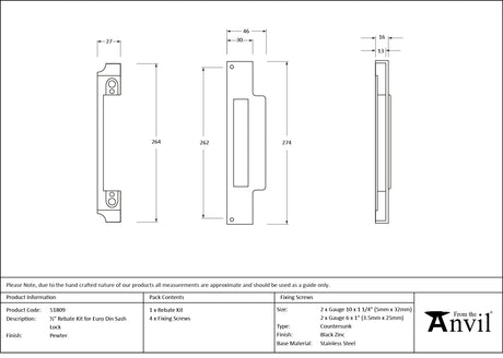 From The Anvil - Pewter Rebate Kit for Euro Din Sash Lock | Sku. 51809 | Trade Door Handles.
