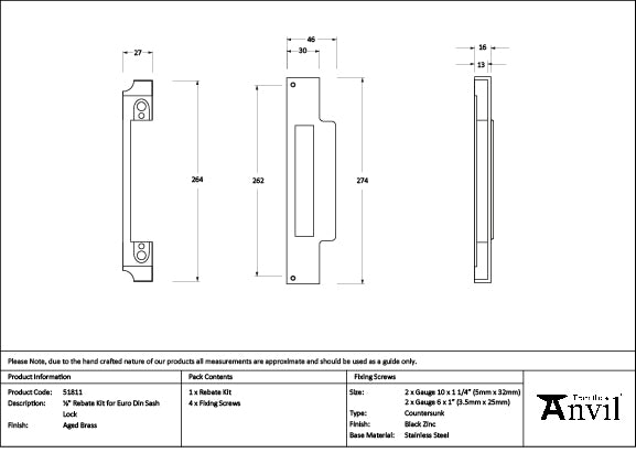 From The Anvil - Aged Brass ½" Rebate Kit for Euro Din Sash Lock