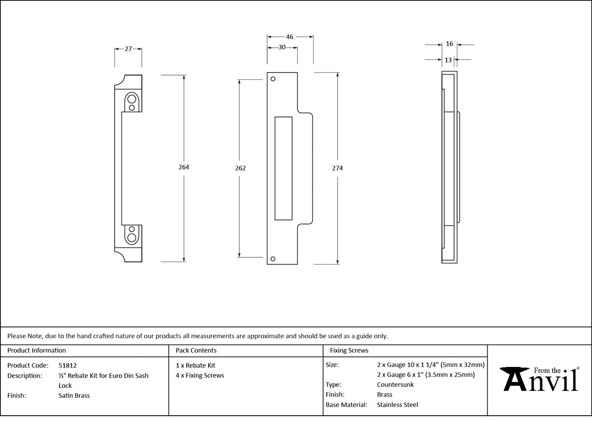 From The Anvil - Satin Brass Rebate Kit for Euro Din Sash Lock | Sku. 51812 | Trade Door Handles.